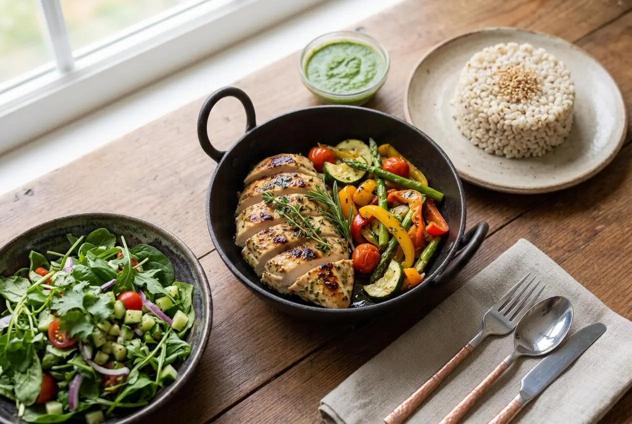 Healthy dinner DHA Karachi with marinated chicken breast vegetables and barley rice