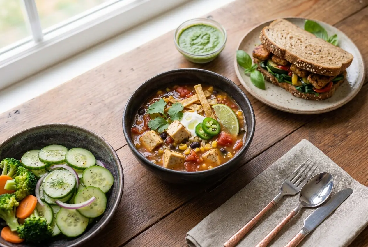 Healthy diet dinner Karachi with Mexican soup whole wheat sandwich and green salad