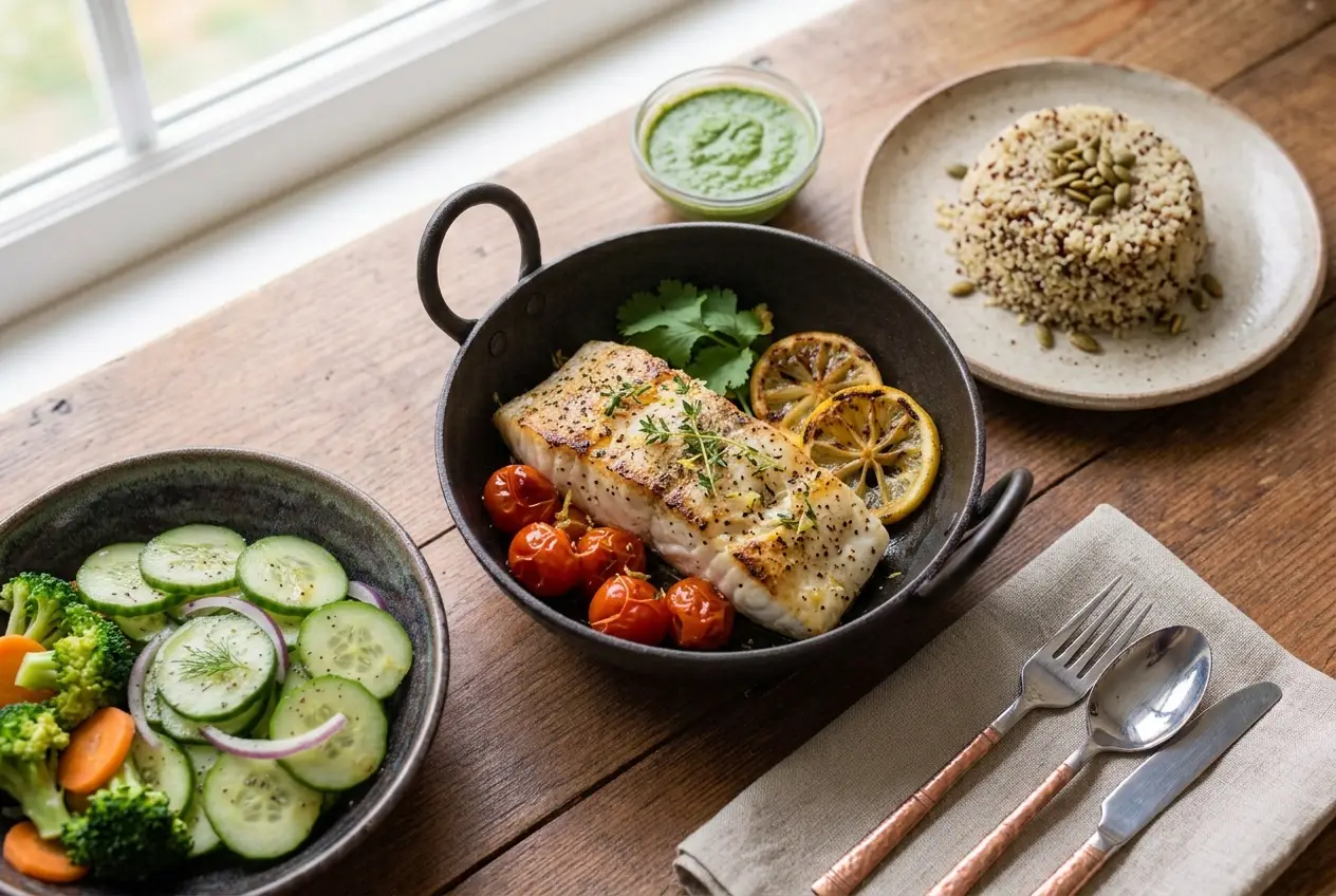 Healthy dinner delivery DHA Clifton with baked fish lemon vegetables and quinoa