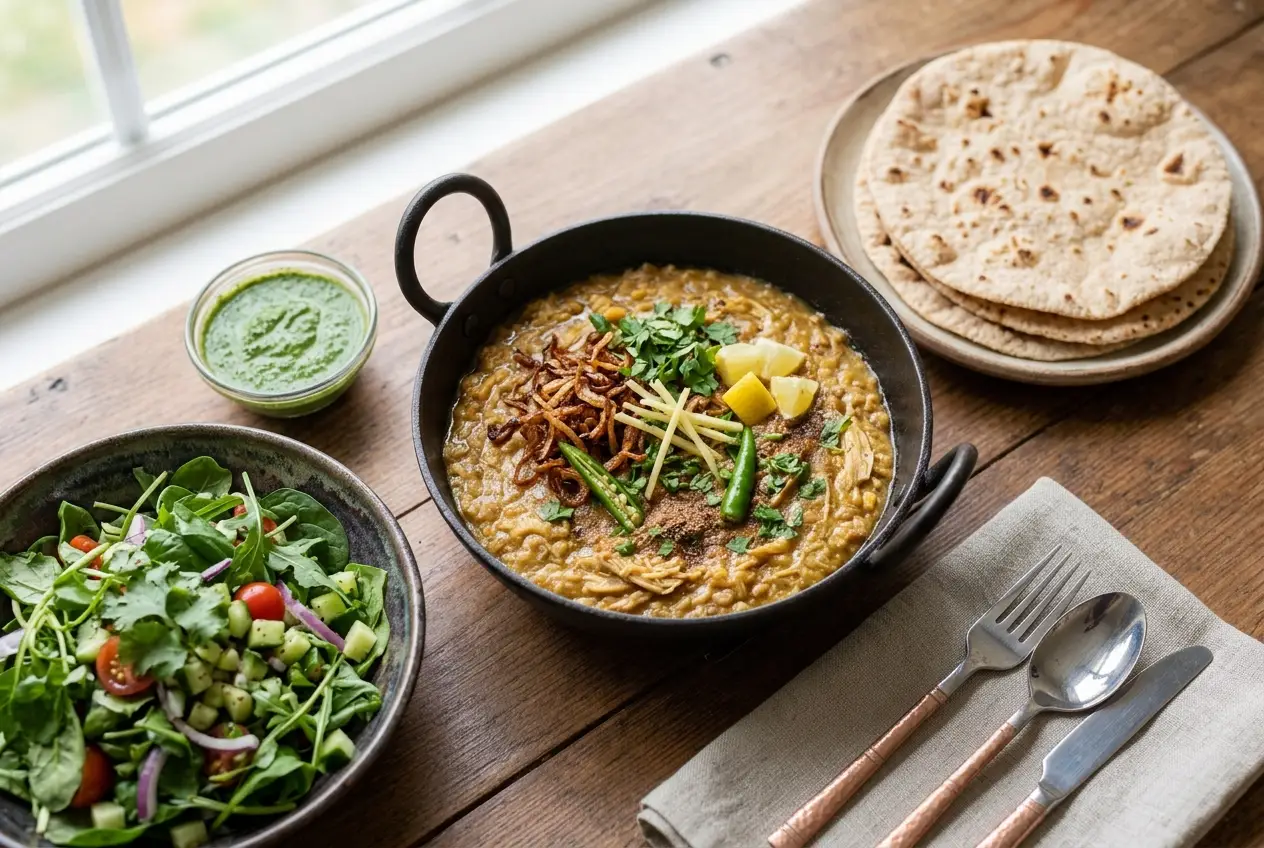 Healthy meal plan Karachi with chicken haleem whole wheat roti and green salad