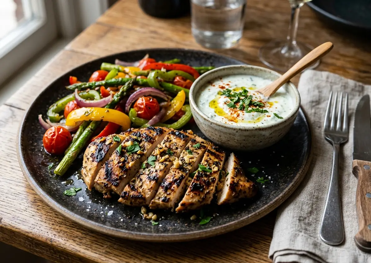 Chicken Garlic Steak healthy lunch with sautéed vegetables and mint yogurt dip in DHA and Clifton Karachi