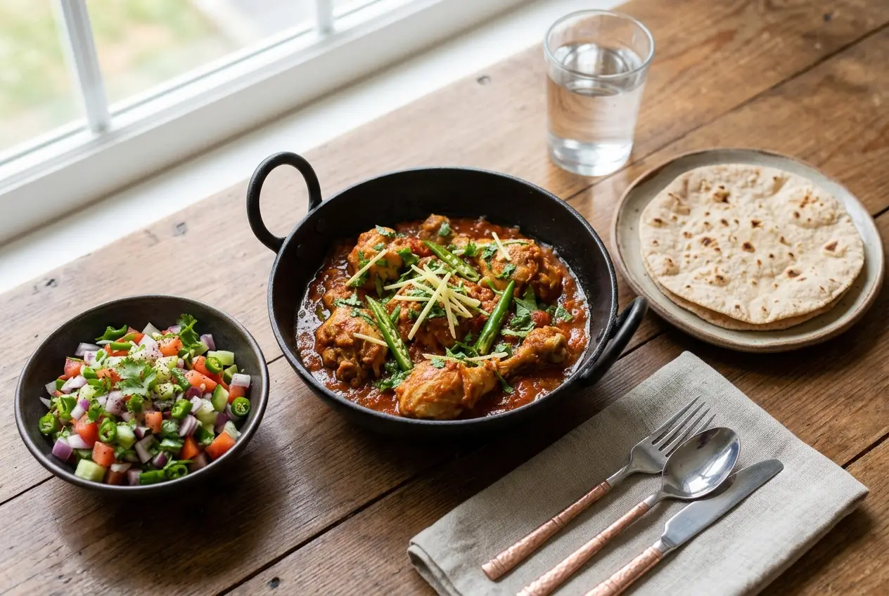 Homemade diet food Karachi featuring light oil chicken karahi diet roti and fresh salad