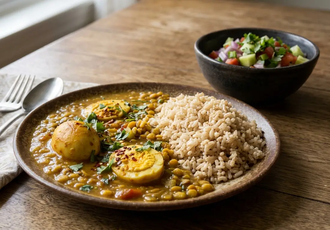 Healthy diet meal in Clifton Karachi with daal egg gravy brown rice and salad