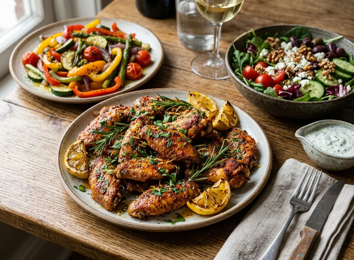 Healthy lunch delivery DHA Clifton Karachi with baked spicy wings vegetables and salad