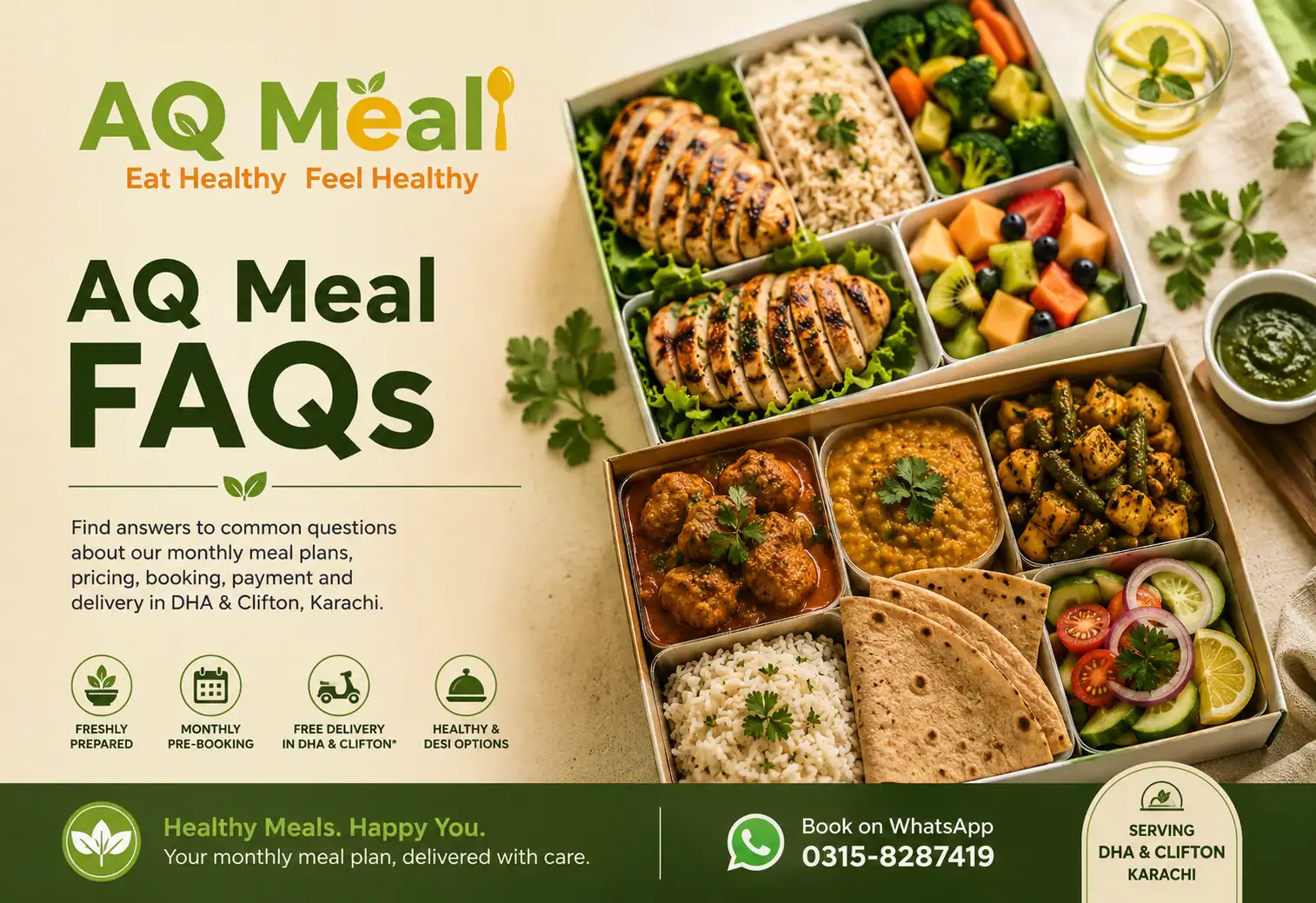 AQ Meal FAQs about monthly meal plans and food delivery in DHA and Clifton Karachi