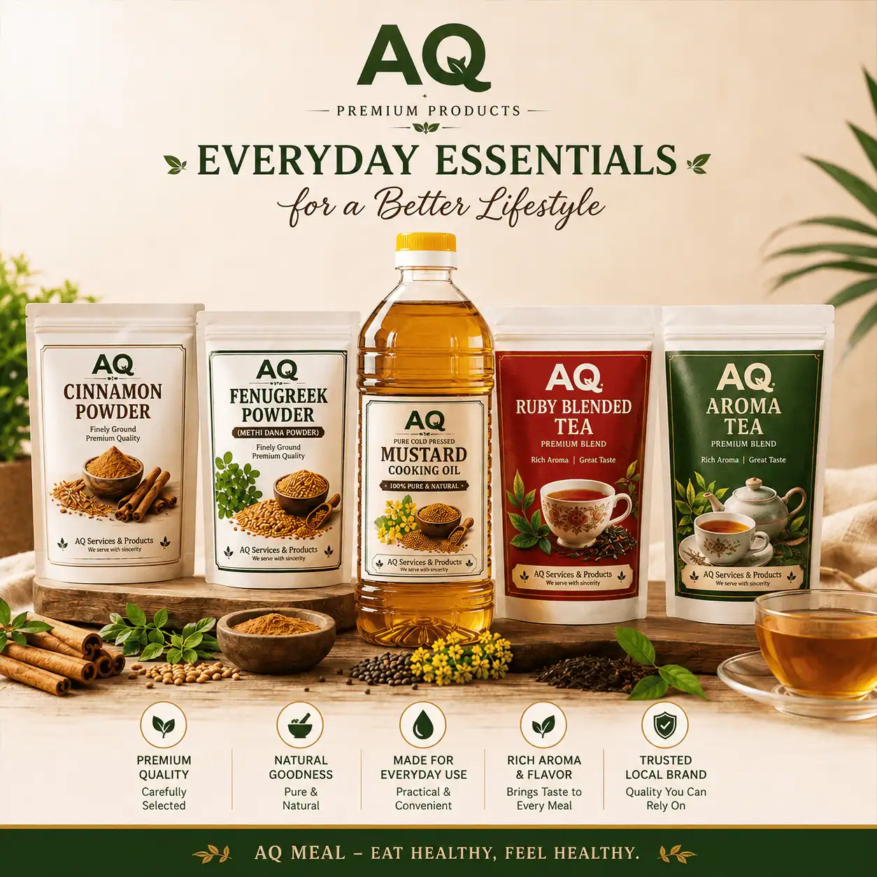 AQ Premium Products including mustard oil, cinnamon powder, fenugreek powder and blended tea